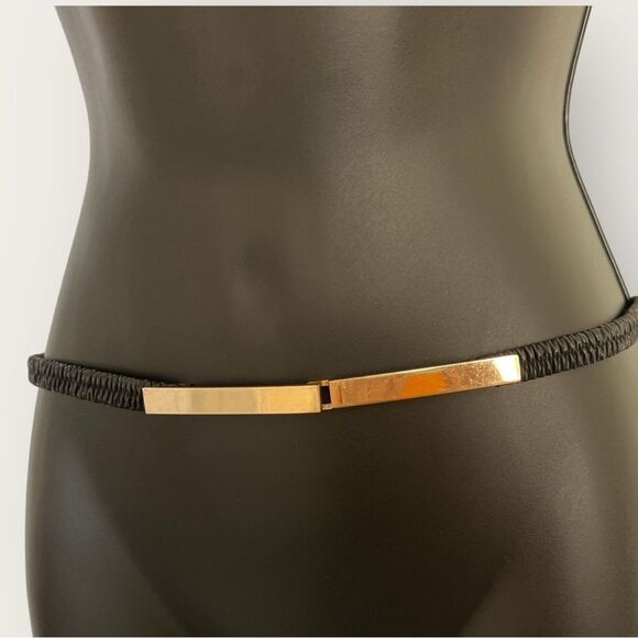 Black leather belt stretchy gold tone buckles - Picture 1 of 4